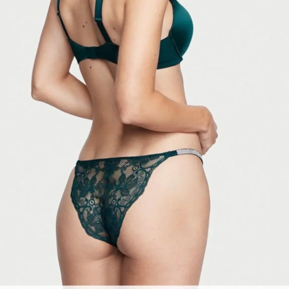 VERY SEXY‎ Shine Strap Lace Cheeky Panty Small Green Crystal Waist Band Shimmer